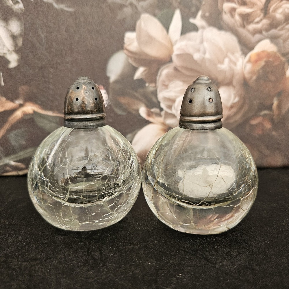 Vintage Mid-Century Crackle Glass Salt & Pepper Shakers | Sterling‎ Silver Tops
